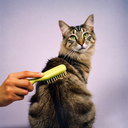 A hand brushing a long-haired cat